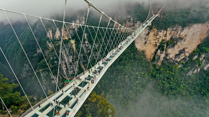 Cầu kính Thiên Vân Độ treo lơ lửng giữa hẻm núi, mang đến trải nghiệm độc đáo cho du khách.