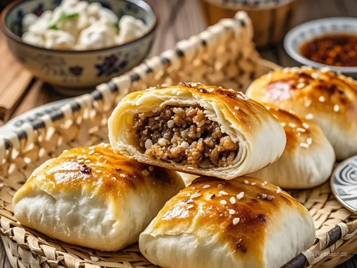 B&aacute;nh bao nướng v&agrave;ng ươm, thơm lừng, nh&acirc;n thịt mọng nước hấp dẫn.